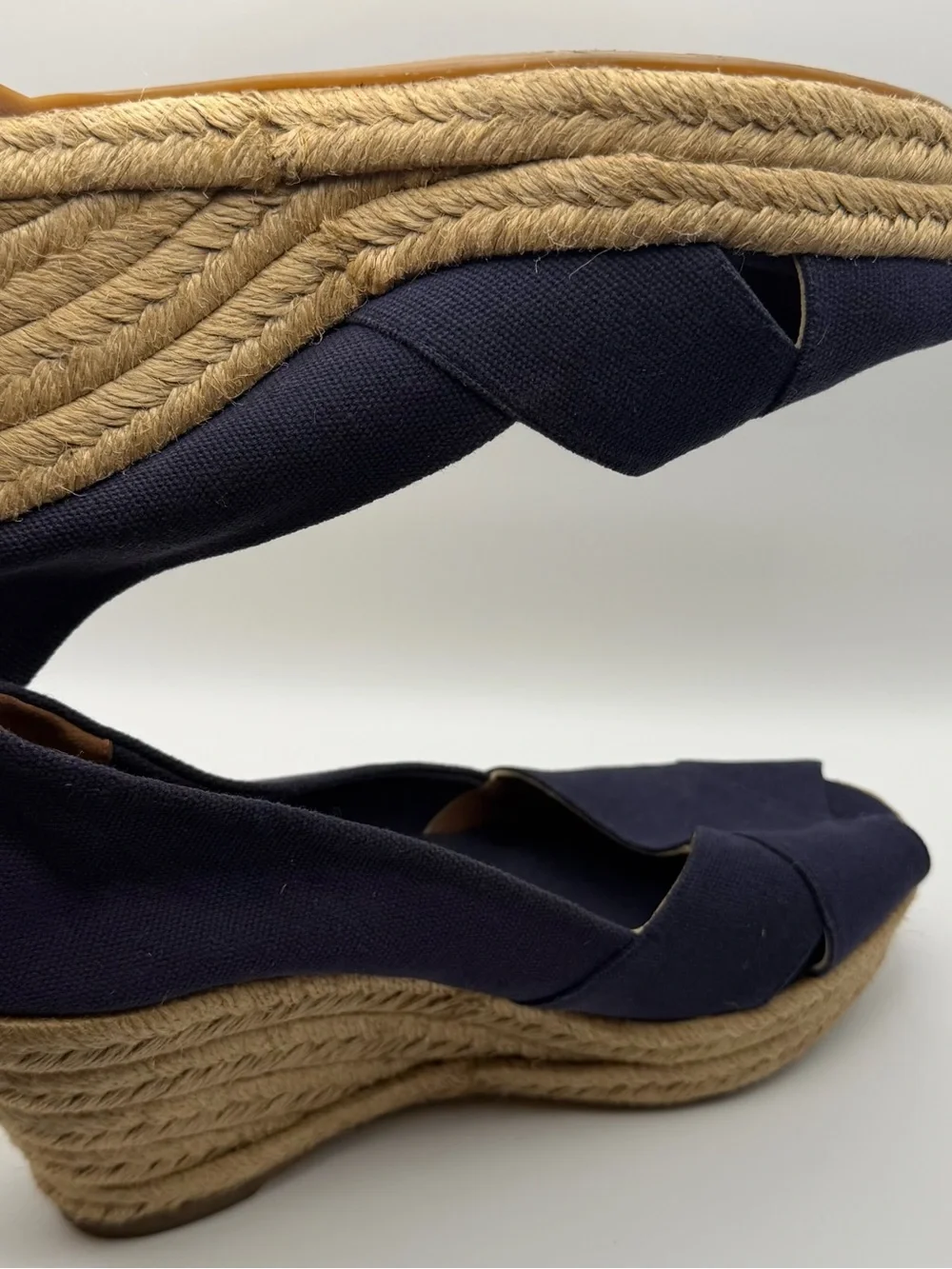 Tory Burch Navy Canvas Espadrille Wedge Peep Toe Heels Women’s 8 Coastal Preppy